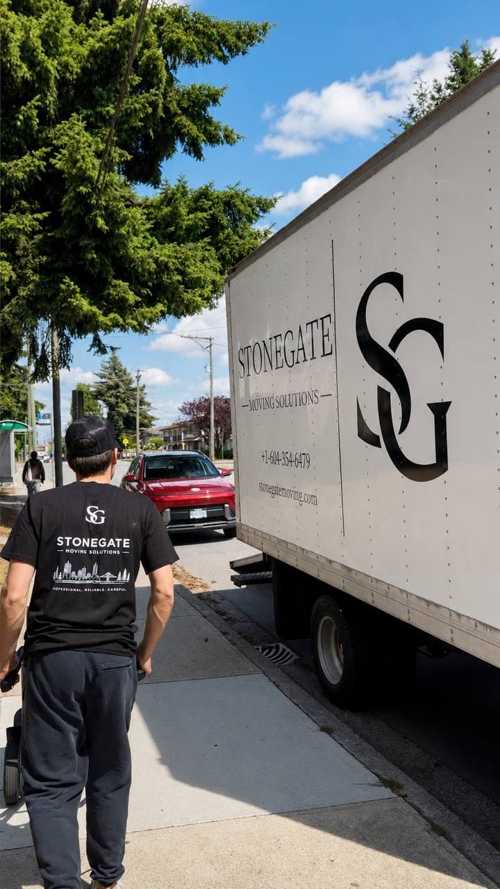 Stonegate mover walking with a dolly beside the moving truck