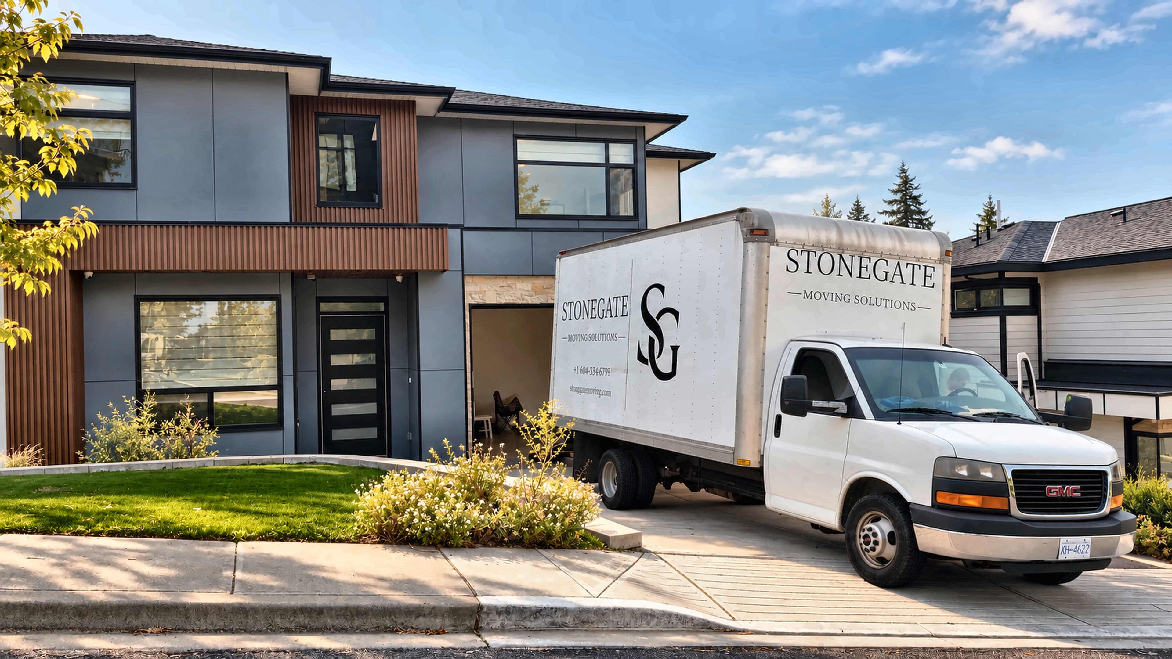 The Stonegate moving truck parked in the driveway of a house